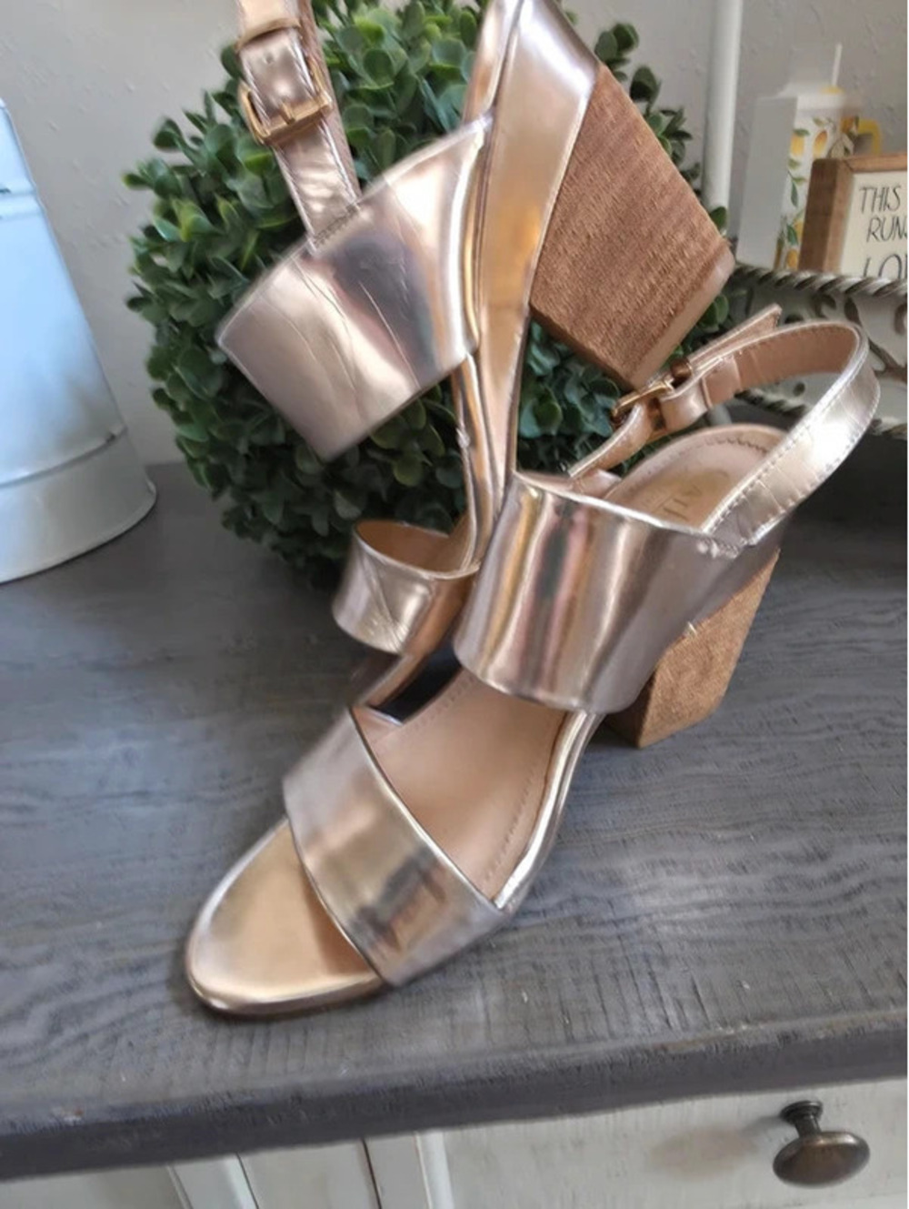 Rosegold size 6 strappy wedge heel shoes